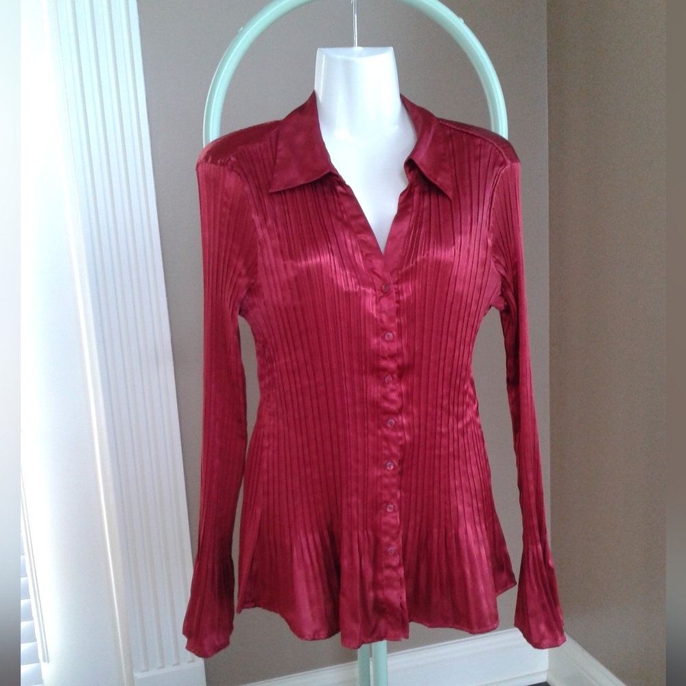 Tailor B. Moss V Neck Red Pleated Button-Down Bell Sleeved Shirt - Picture 8 of 10
